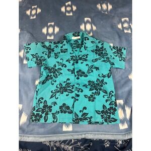Bebe Tahiti Hawaii Mens Turquoise Black Hibiscus Floral Aloha Shirt 6995